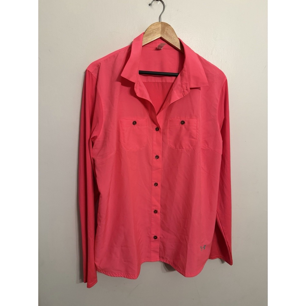 Under Armour Women's Neon Pink Heat Gear Button Down Athleisure Size 2XL